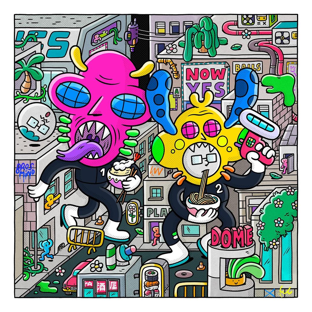 Illustration of two colorful cartoon characters in a city setting, one pink eating ice cream and one yellow eating noodles.