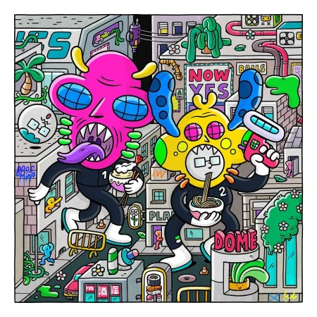 Illustration of two colorful cartoon characters in a city setting, one pink eating ice cream and one yellow eating noodles.