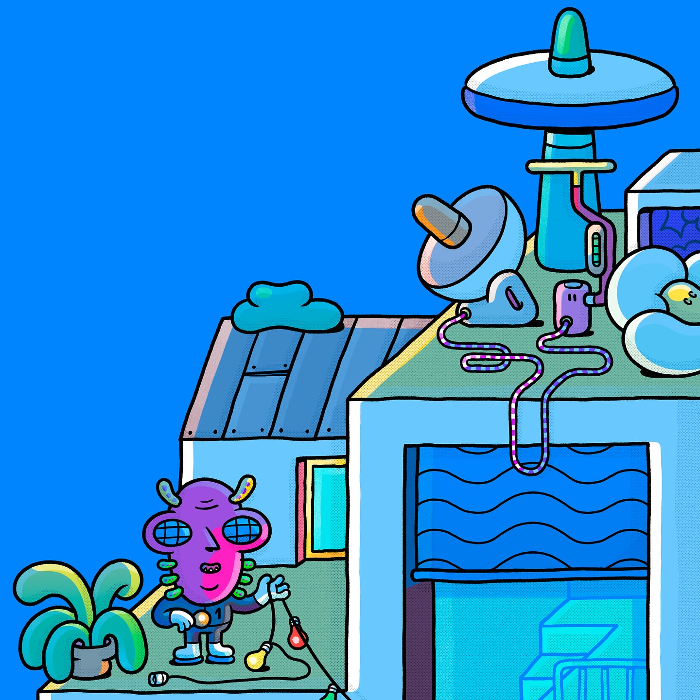Whimsical illustration of cartoon alien figure on rooftop surrounded by communication equipment, plant, and string lights against blue sky.