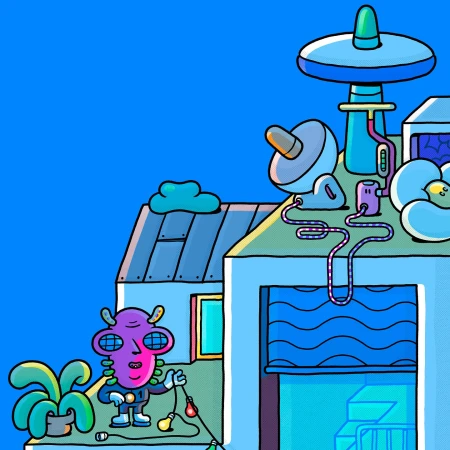 Whimsical illustration of cartoon alien figure on rooftop surrounded by communication equipment, plant, and string lights against blue sky.