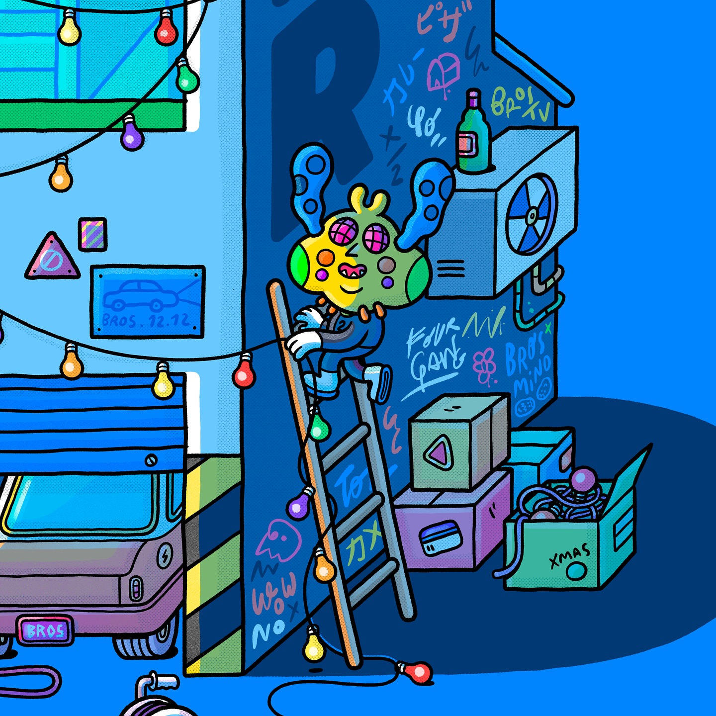 Illustration featuring a cartoon character decorating an urban scene with string lights, showcasing a whimsical, colorful, and playful design.