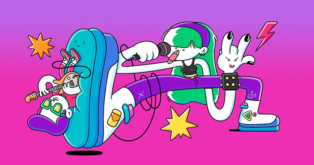 Stylized illustration of figures: one singing into a microphone, another playing guitar, against a gradient pink and purple background.