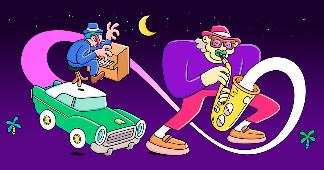 Cartoon illustration: Man playing saxophone in foreground, man playing piano on car in background, set against a night sky backdrop.