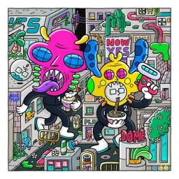 Colorful cartoon illustration of two bizarre horned characters eating noodles in a detailed city street by Brosmind