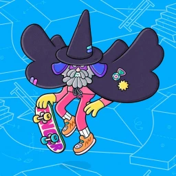 Illustration of a wizard character in a tall hat and cape skateboarding against a blue graphic line-drawing background.