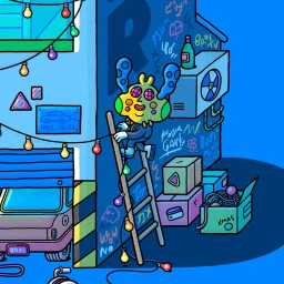Colorful illustrated character climbing a wooden ladder on a blue building decorated with string lights by Brosmind