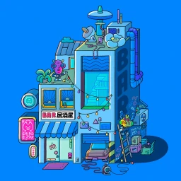 Colorful digital illustration of a futuristic two-story bar building in blue tones with quirky characters and glowing string lights.