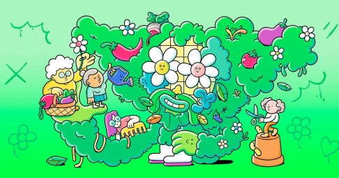 Colorful vector illustration by Brosmind featuring quirky characters tending to a giant green plant creature with daisy eyes