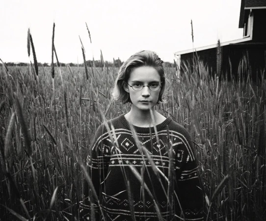 Black and white portrait of a young woman with glasses standing in a field of tall grass, wearing a patterned sweater with a house in the background.