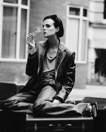 Black and white portrait of a woman seated on vintage suitcases outdoors, smoking a cigarette and wearing a tailored blazer.
