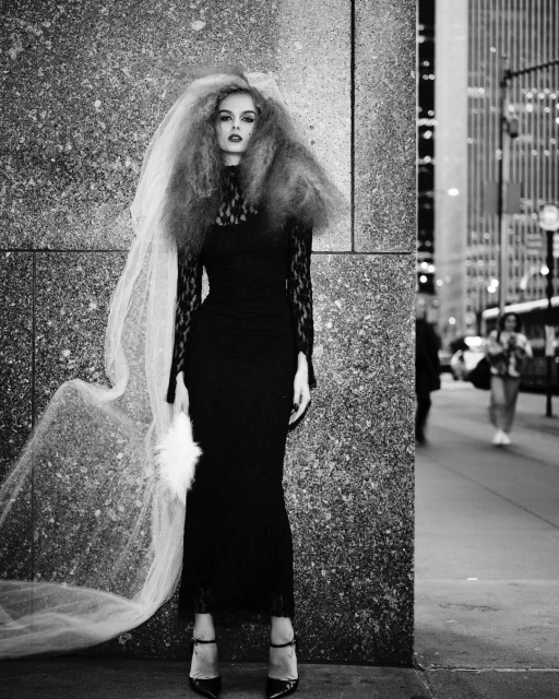 Black and white fashion portrait of a woman in a black dress and voluminous hair, standing in front of a granite wall in a city.