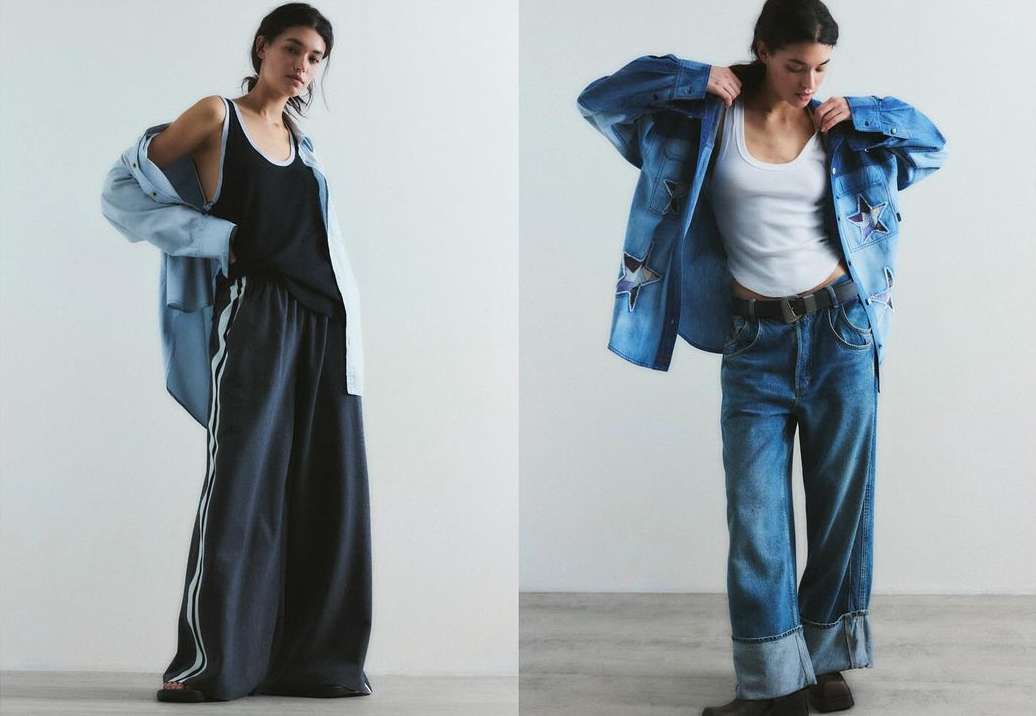 Two young adult female fashion models present clothing in a studio setting. One wears casual, the other a denim jacket and jeans.