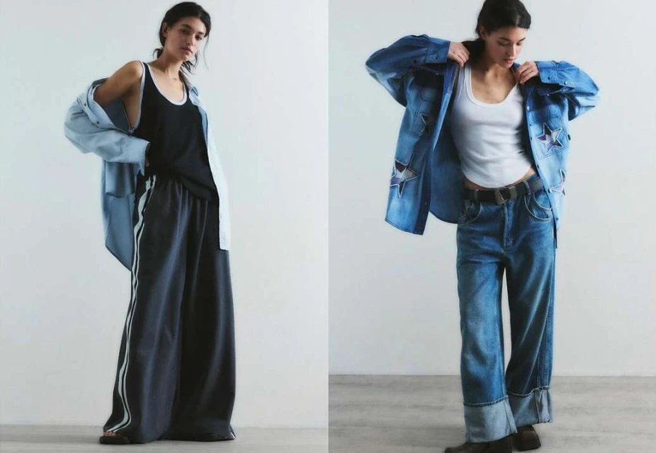Two young adult female fashion models present clothing in a studio setting. One wears casual, the other a denim jacket and jeans.