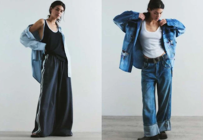 Two young adult female fashion models present clothing in a studio setting. One wears casual, the other a denim jacket and jeans.