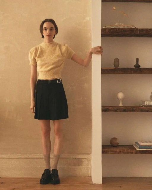 Full shot of a young adult female model in a soft yellow sweater and black skirt standing next to a wall and a bookshelf. Indoor, eye-level.