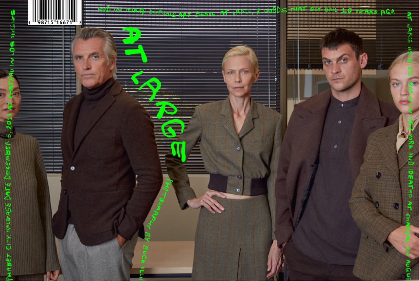 Editorial fashion shot of five people in studio. Three women and two men, all adult, in professional attire, looking forward.
