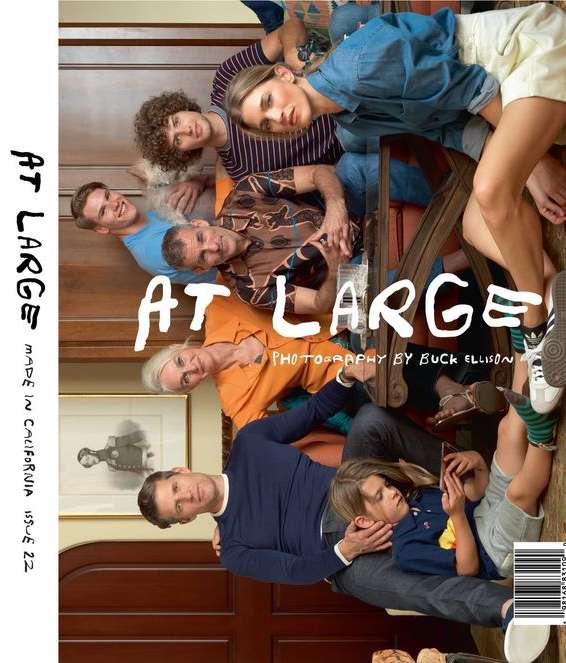 Magazine cover featuring a group of people in varying ages and poses, with the title "At Large" in bold letters against a warm-toned background.