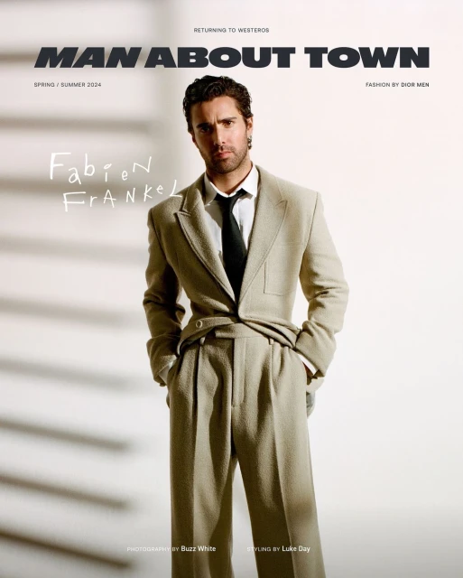 Magazine cover features Fabien Frankel in suit, tie; neutral tones, shot in studio; 'Man About Town' headline, spring/summer 2024 edition.