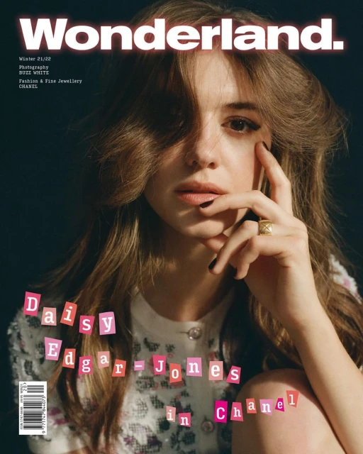 Wonderland magazine cover featuring Daisy Edgar-Jones in a portrait, medium shot, against a dark background.