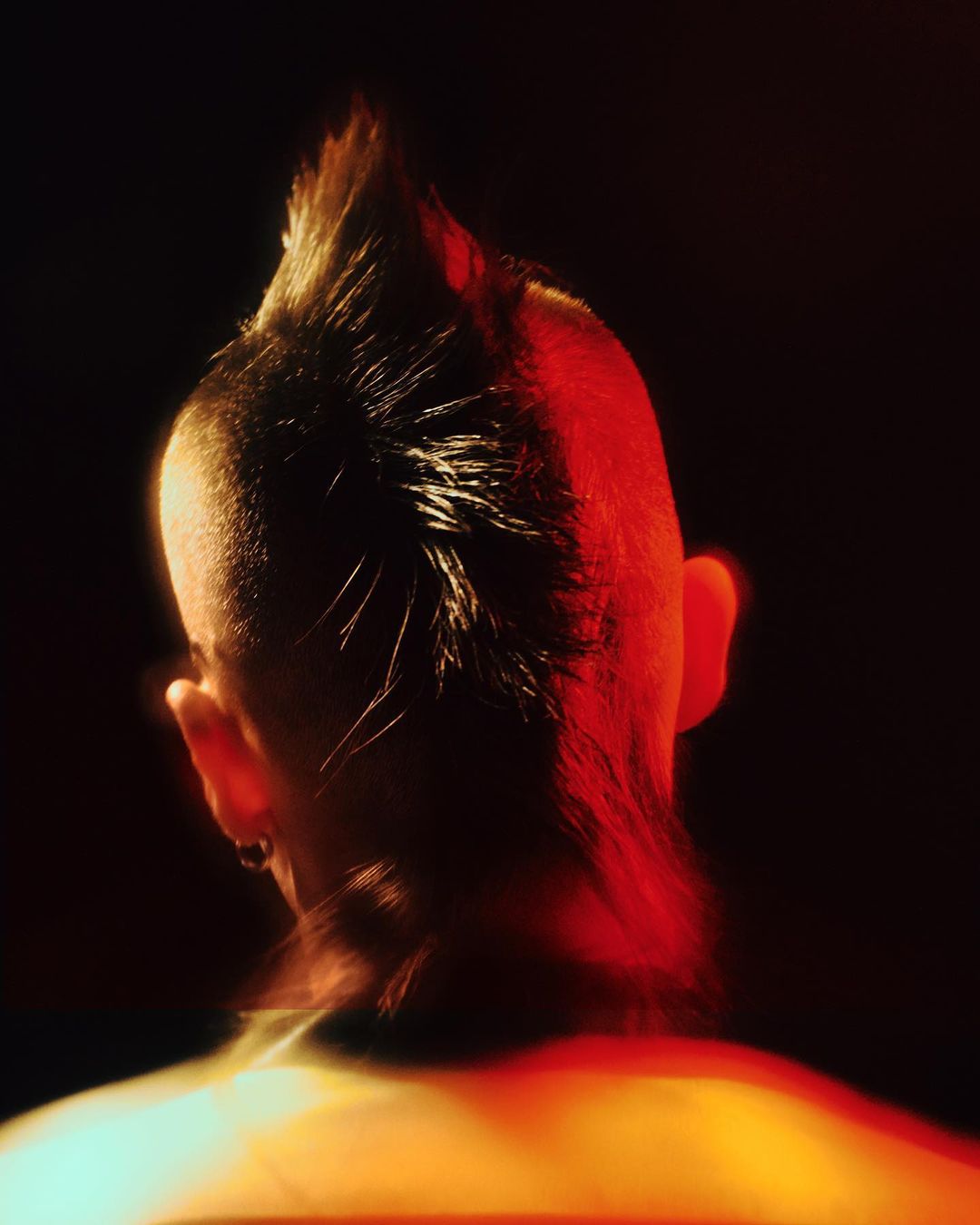 Back view of a person with a mohawk hairstyle, ear piercing, and red-orange lighting against a dark background.