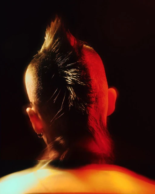 Back view of a person with a mohawk hairstyle, ear piercing, and red-orange lighting against a dark background.