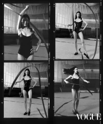 Monochrome four-panel contact sheet showing a female model posing with a rhythmic gymnastics ribbon in a large hall.