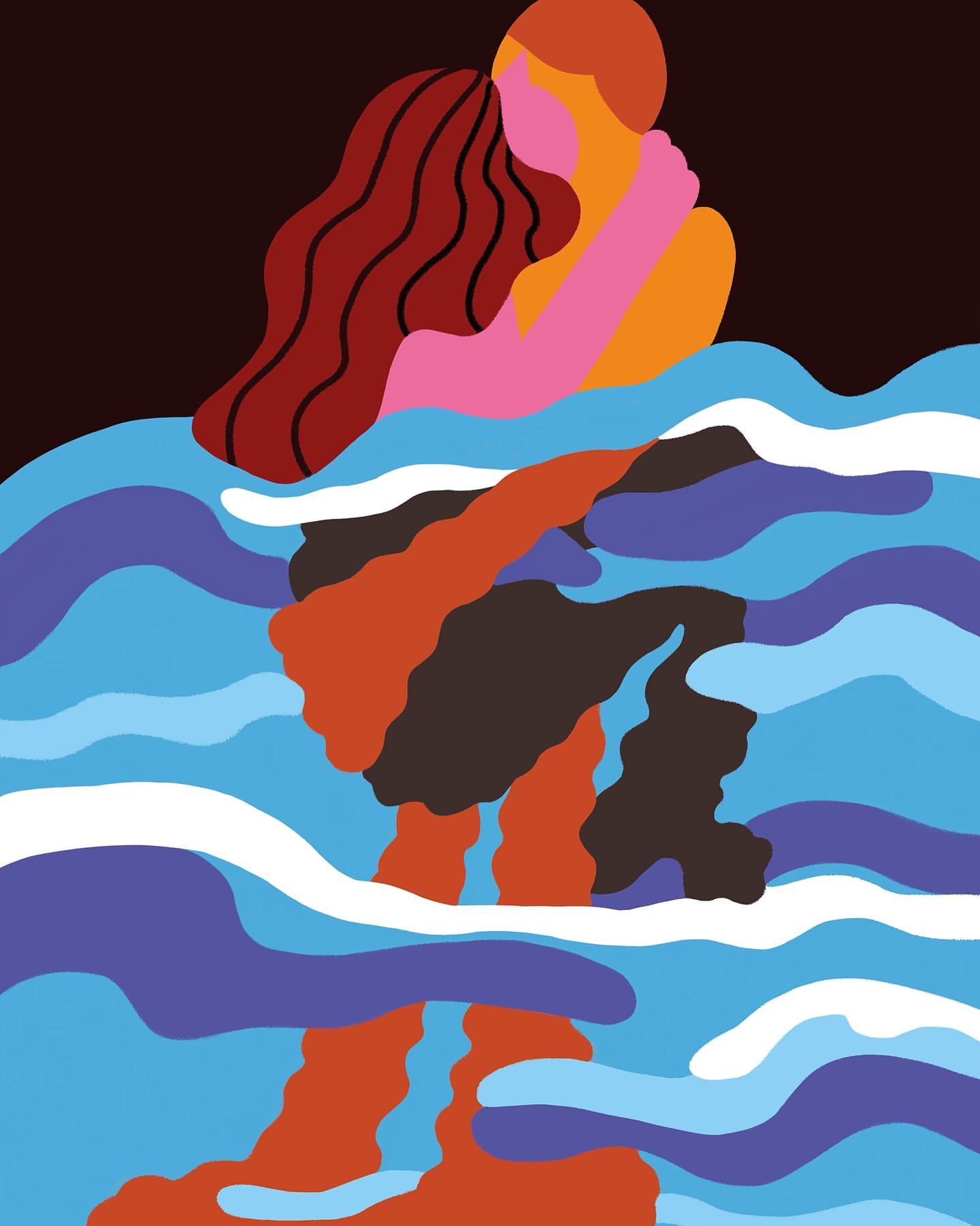 Illustration of two people embracing each other in water, with stylized waves in shades of blue, purple, and white against a dark background.