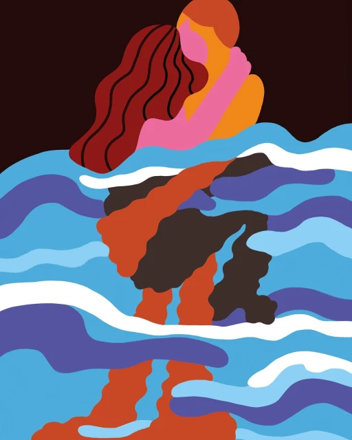 Illustration of two people embracing each other in water, with stylized waves in shades of blue, purple, and white against a dark background.