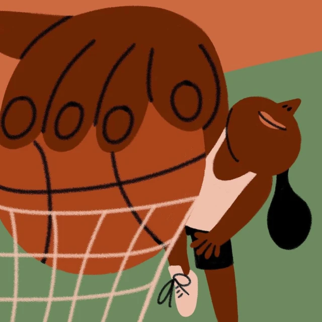 Illustration of a smiling woman with a basketball going through a net, digital art style, rendered with flat colors and a limited palette.
