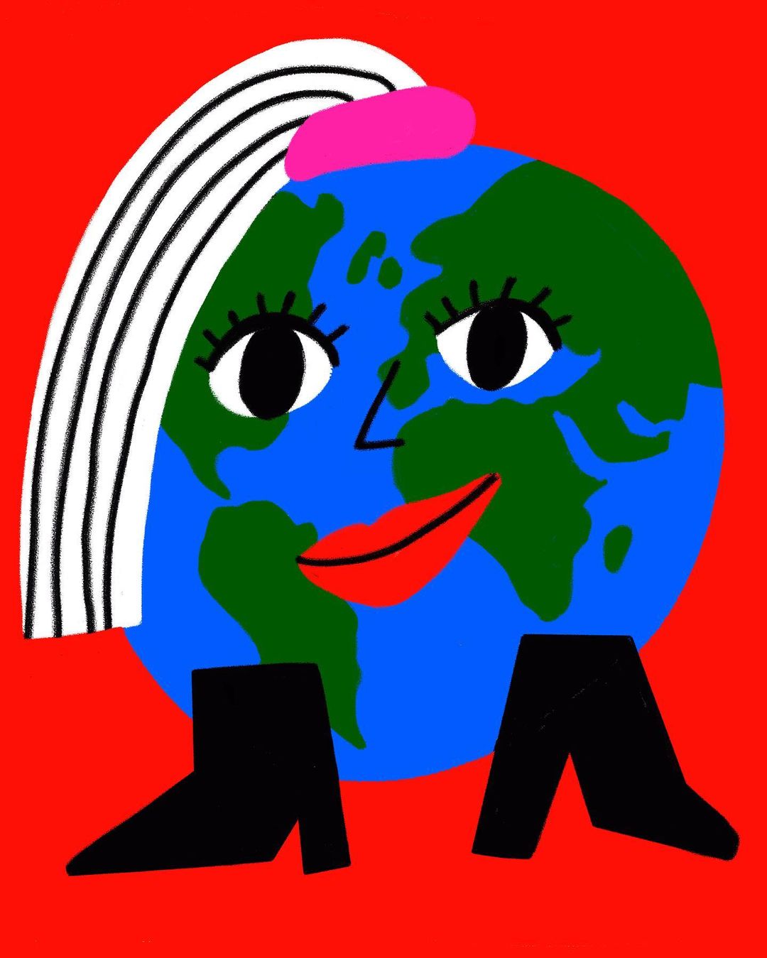Illustration of a cartoon Earth character with long hair, eyes, and a mouth, standing on boots, set against a vibrant red background.