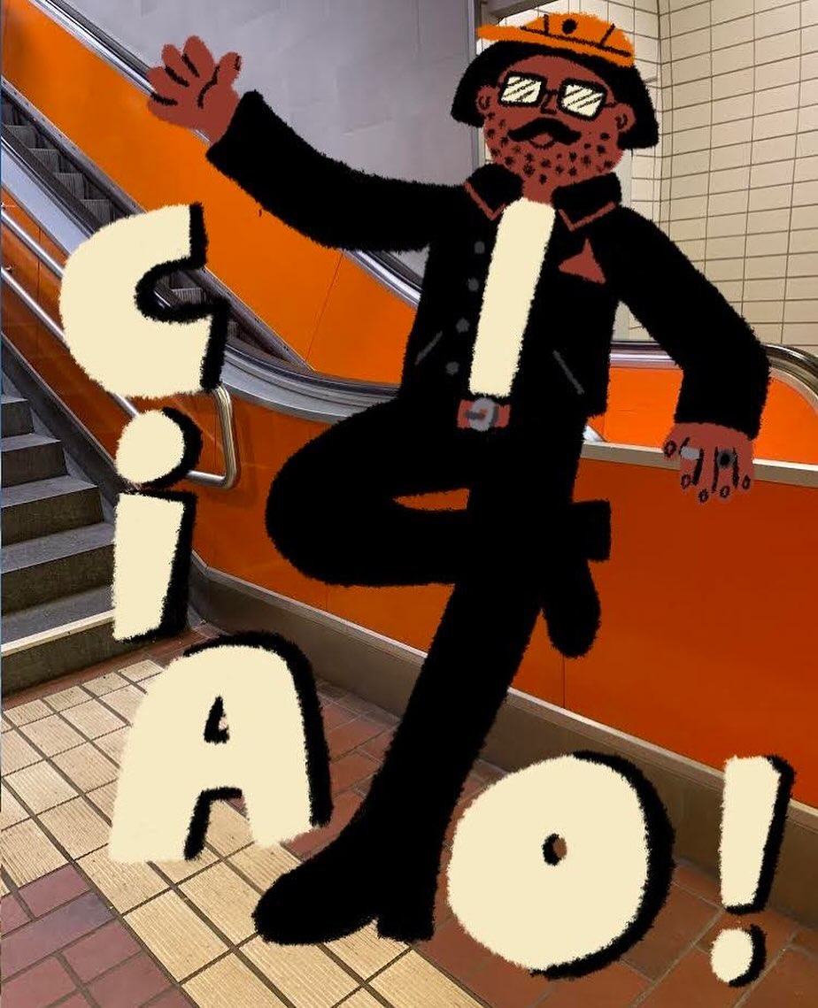 Whimsical illustration of a man in a black suit waving in front of an orange escalator with 'Ciao!' in a playful, cartoonish font.