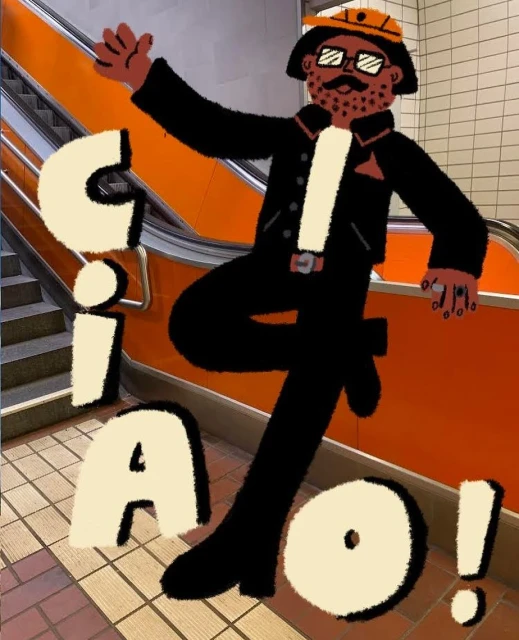 Whimsical illustration of a man in a black suit waving in front of an orange escalator with 'Ciao!' in a playful, cartoonish font.