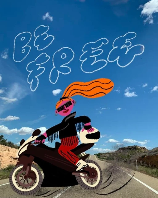 Illustration of a person on a motorcycle on a road under a blue sky with clouds forming the words 'Be Free'.