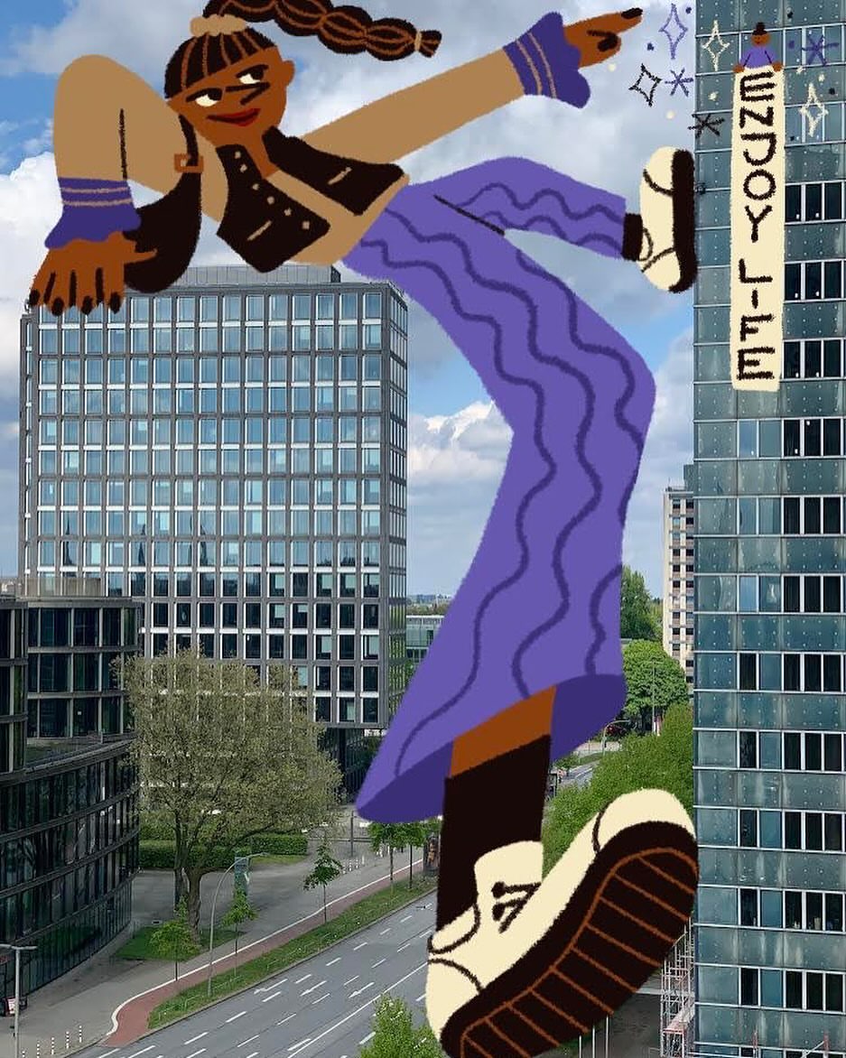 Stylized digital artwork of a person in city environment with skyscrapers, trees, and a street scene under a cloudy sky.