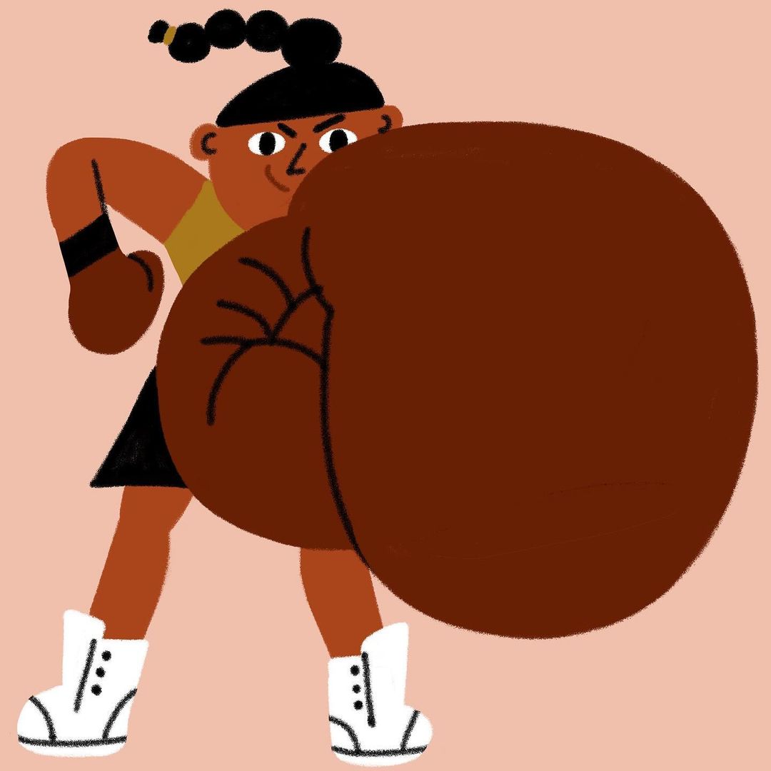 Illustration of a boxer with an oversized boxing glove and boxing boots on a pink background.
