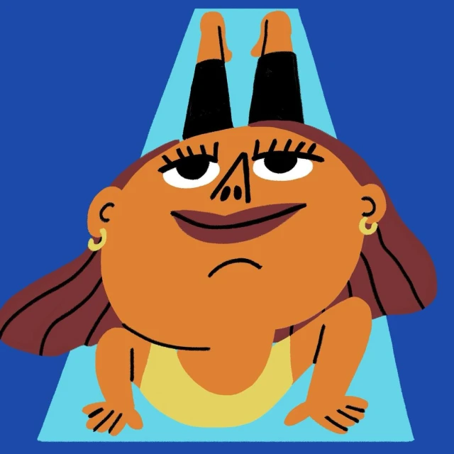 Illustration of a woman on a yoga mat doing a headstand against a blue background in a cartoon style with visible lines and shapes.