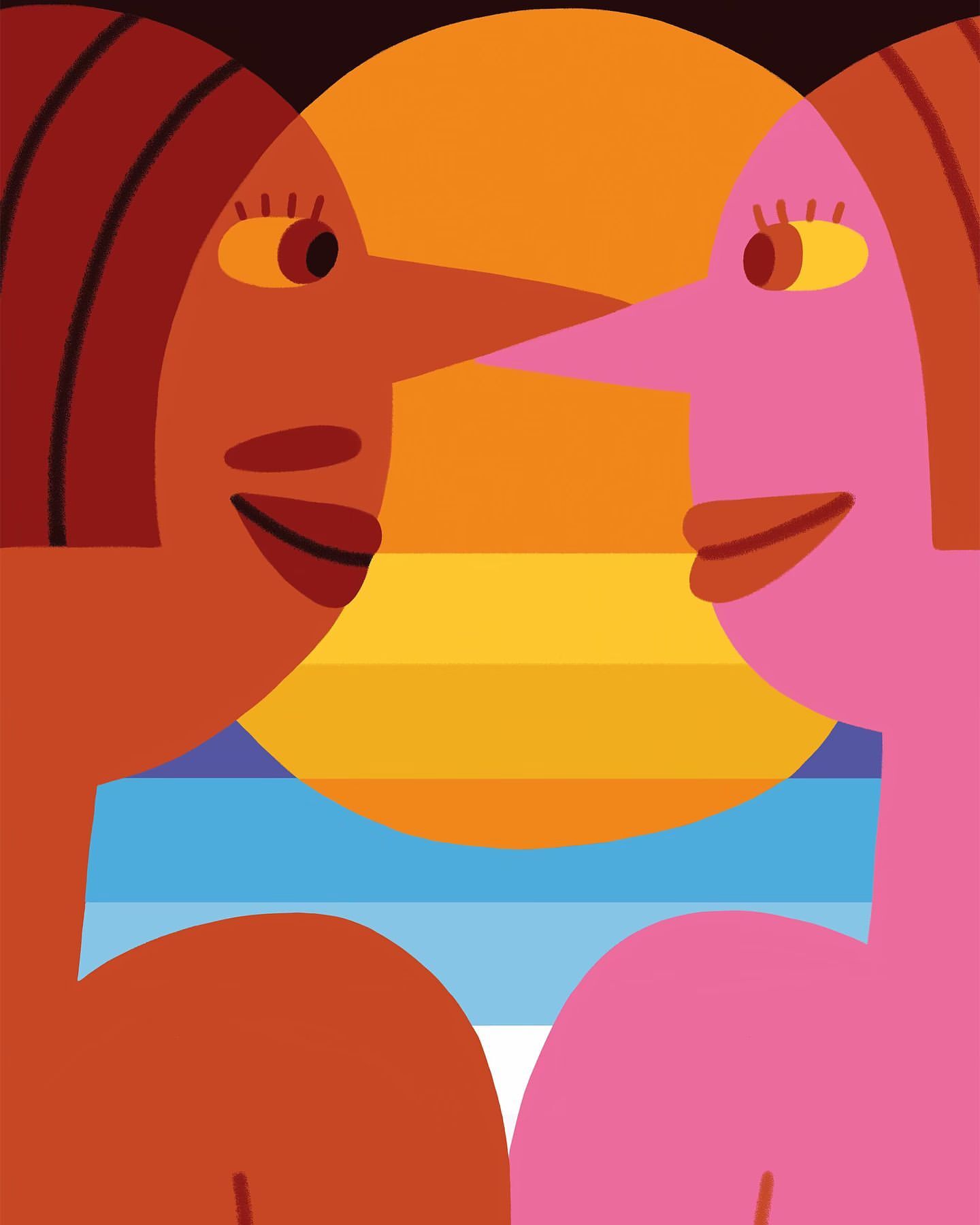 Graphic art image of two stylized human figures with long noses facing each other against a backdrop of a setting sun and the sea.