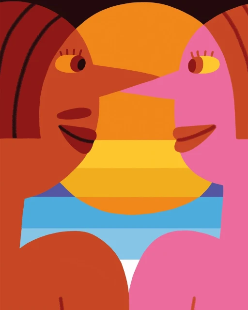 Graphic art image of two stylized human figures with long noses facing each other against a backdrop of a setting sun and the sea.