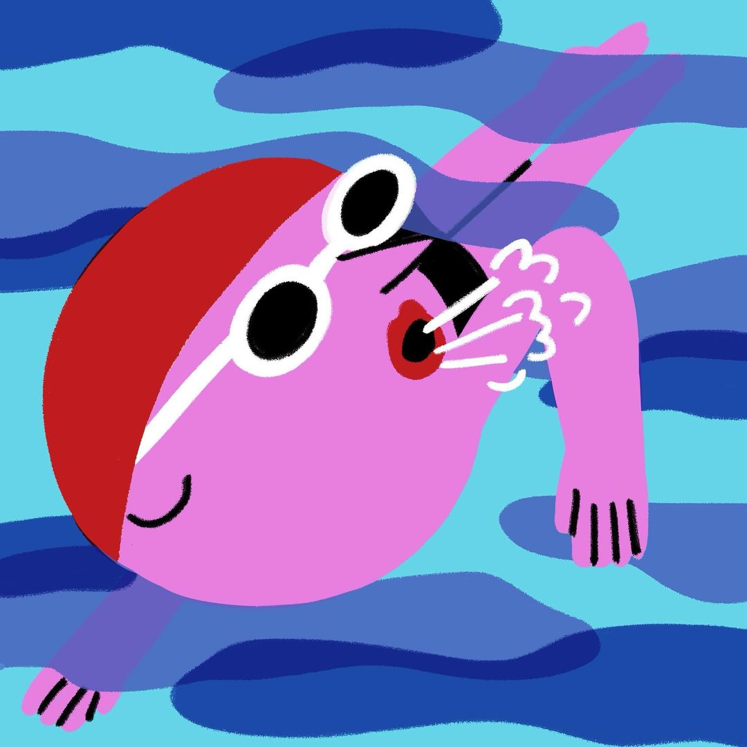 Illustration of a pink-skinned swimmer with a red swim cap and white goggles, exhaling air bubbles into blue water.