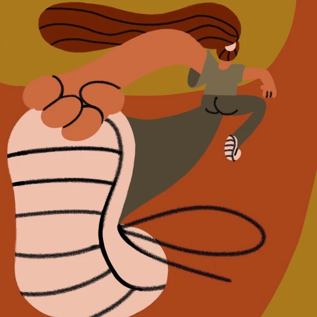 Abstract illustration of a woman running alongside a bag with stripes, set against warm earth-tone colors and simple shapes.