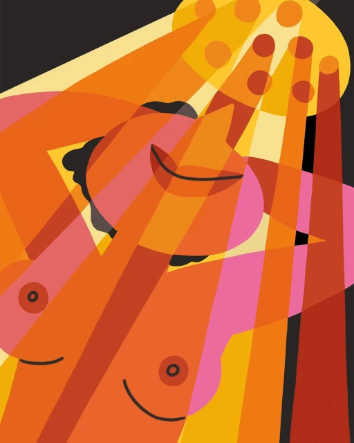 Illustration of a woman taking a shower, depicted in orange, pink, and yellow hues with stylized light rays.
