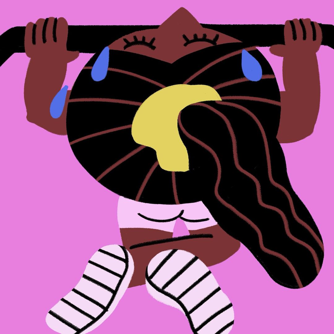 Illustration of person doing pull-up exercise, with sweat droplets and stylized design on a pink background, fitness concept.