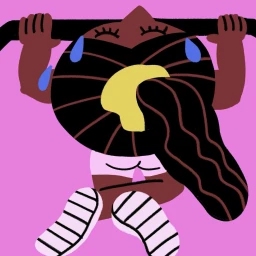 Illustration by Cachetejack of a person with dark hair and blue sweat drops hanging from a bar against a pink background