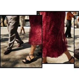 Close-up collage of people dancing outdoors on a concrete square, showing lower legs, patterned red dress, and dress shoes.