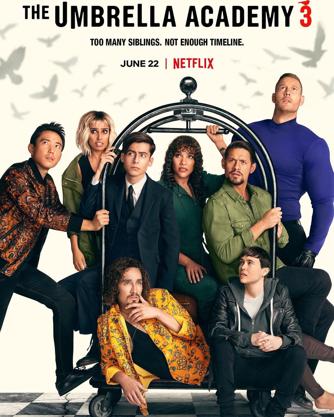 Promotional image for The Umbrella Academy 3 features the ensemble cast, including Elliot Page, standing on a black-and-white checkered floor.