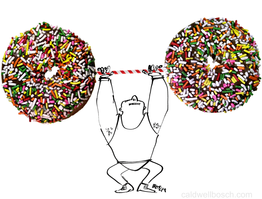 Illustration of cartoon weightlifter raising barbell made of donuts with sprinkles against a white background, with text at the bottom.