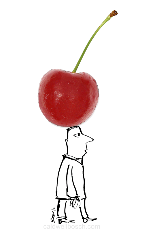 Illustration of a single cherry atop a drawing of a cartoon man on a white background, creating a playful and whimsical design.