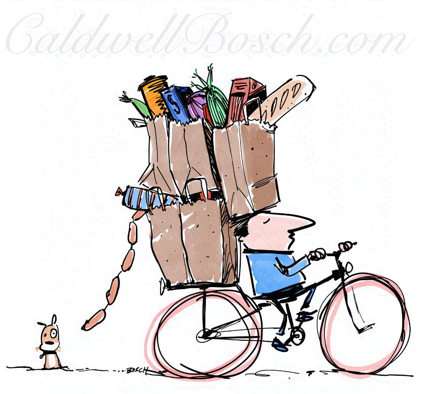 Illustration of a man on a bicycle carrying grocery bags overflowing with food, with a small dog looking on from the side.