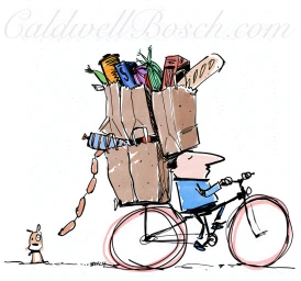 Illustration of a man riding a bicycle carrying overflowing paper grocery bags while a small dog watches trailing sausages.
