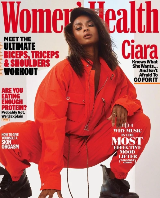 Magazine cover featuring Ciara wearing a red jumpsuit and boots, promoting health and fitness, with bold text headlines and a white background.